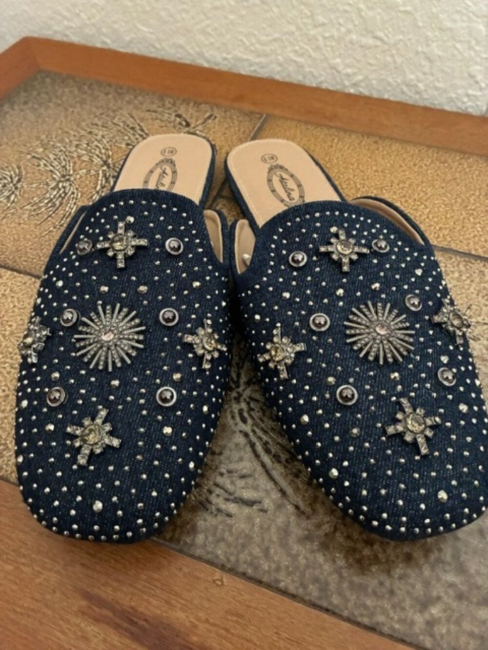 Brand New Atalina Rhinestone Navy Blue Mules